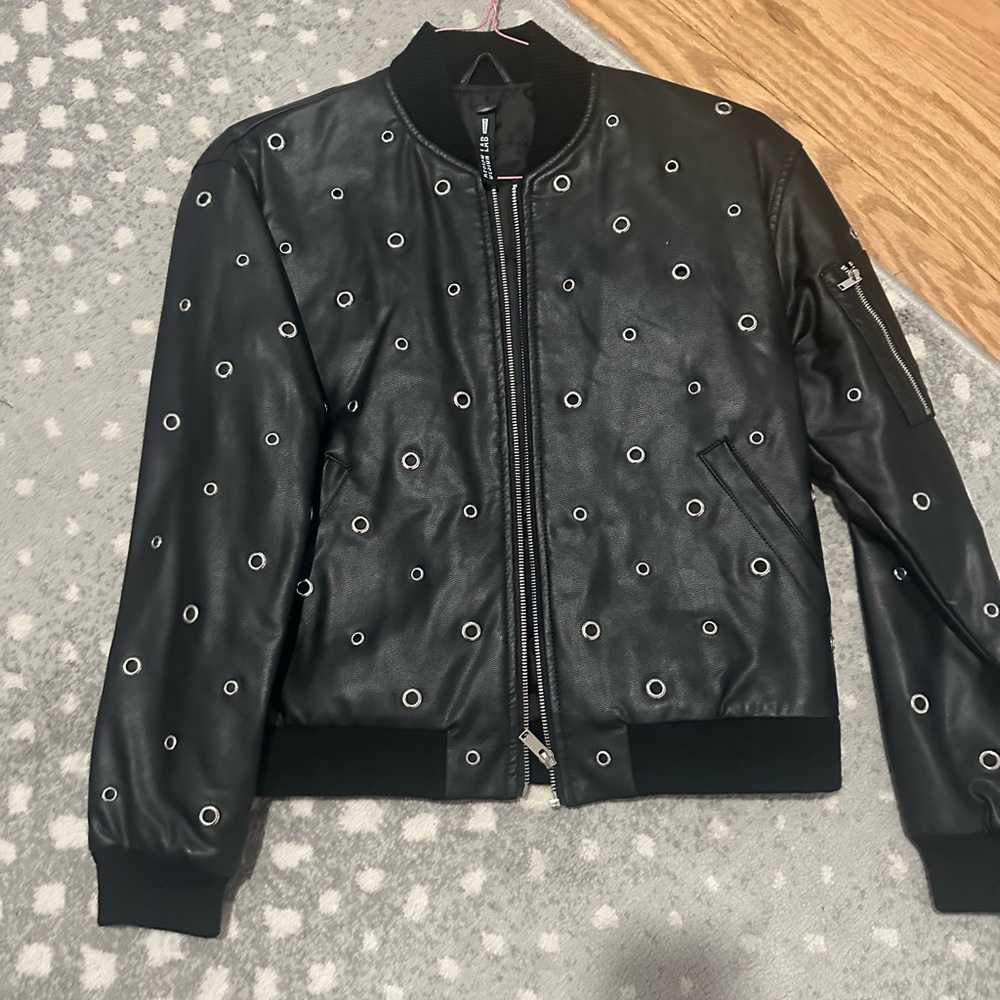 Design Lab Lord & Taylor Black FAUX leather Jacket with Silver Eyelets